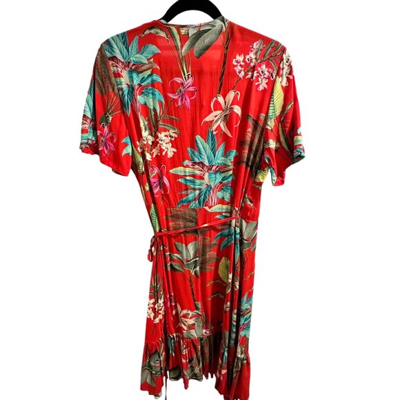 ✌️ 2/$40 ✌️ Italian Designer Red Floral Tie Wrap Dress with Ruffled Hem sz L - Picture 7 of 8